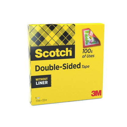 Une boîte jaune de ruban adhésif double face Scotch® (1 rouleau, 19 mm x 33 m) de 3M Deutschland GmbH, étiquetée "sans liner" et "100s of Uses", idéale pour les besoins en bricolage. Le devant montre un ruban tenant une image.