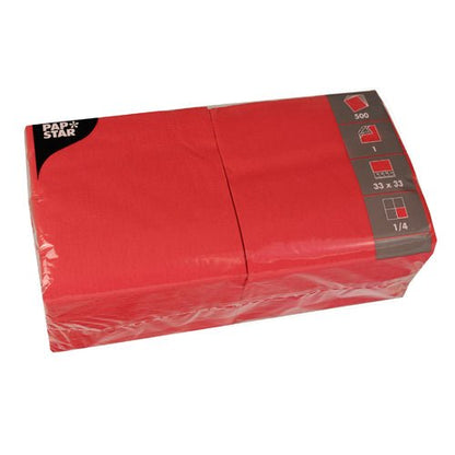 Un paquet de 500 PAPSTAR serviettes, 1 pli, pliées en 1/4, 33x33 cm de PAPSTAR GmbH, d'un rouge éclatant, emballées proprement dans un film transparent avec les informations sur le produit sur l'étiquette.