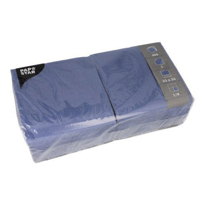 Un emballage en plastique scellé contenant 500 serviettes bleues PAPSTAR, 1 pli, 33 x 33 cm, avec des informations sur le produit en blanc et argent dans un coin de l'emballage. Marque : PAPSTAR GmbH.