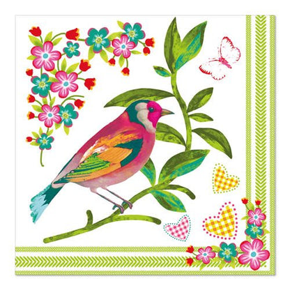 Les PAPSTAR 20 serviettes, 33x33 cm, 3 plis de PAPSTAR GmbH montrent un oiseau coloré sur une branche feuillue avec des fleurs roses et jaunes, des papillons, des cœurs et une bordure verte à motif sur deux côtés.
