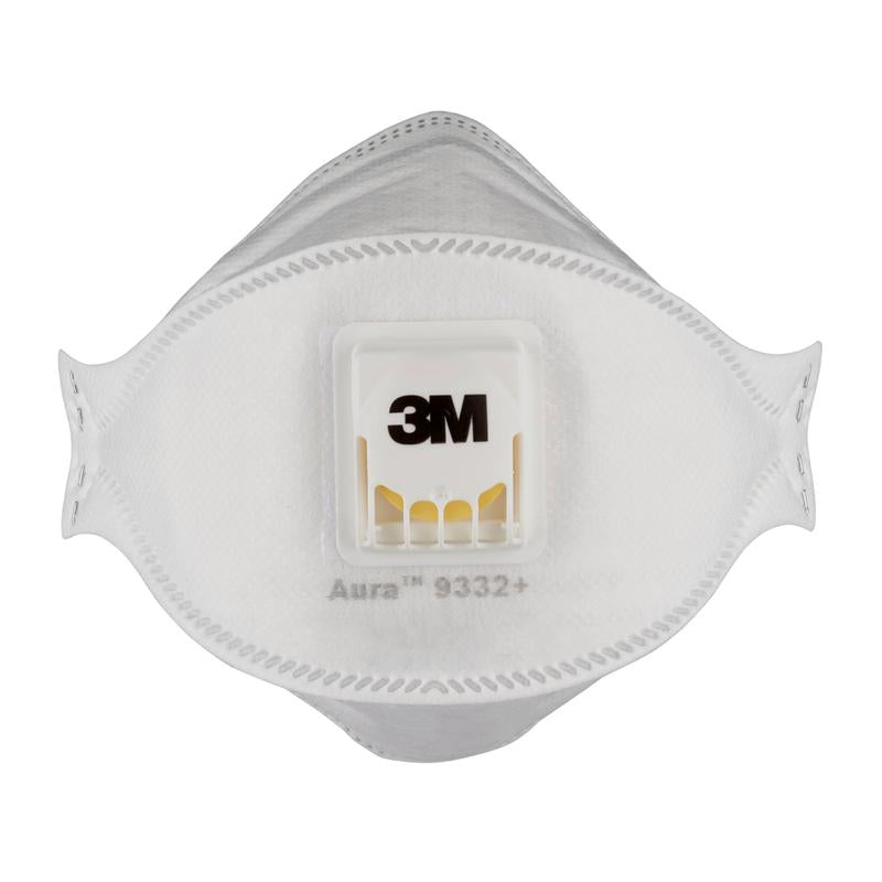 Le masque respiratoire à particules 3M™ Aura™ Comfort Cool Flow™ 9332+, FFP3, avec valve de 3M Deutschland GmbH est un masque respiratoire jetable blanc avec une valve d'expiration centrale, représenté sur un fond uni blanc.