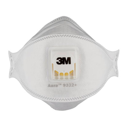 Le masque respiratoire à particules 3M™ Aura™ Comfort Cool Flow™ 9332+, FFP3, avec valve de 3M Deutschland GmbH est un masque respiratoire jetable blanc avec une valve d'expiration centrale, représenté sur un fond uni blanc.