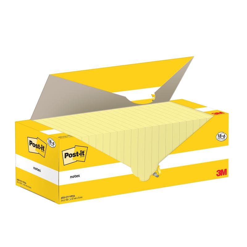Une boîte jaune-blanc ouverte de Post-it® Notes de 3M Deutschland GmbH (Jaune, 76x127 mm, 100 feuilles/bloc, 18 blocs + 6 gratuits, emballage en carton) montre plusieurs blocs lignés. La boîte présente les logos Post-it® et 3M.