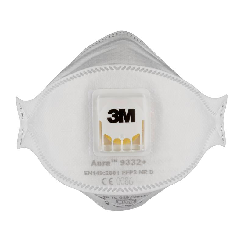 Le masque respiratoire à particules 3M™ Aura™ Comfort Cool Flow™ 9332+ FFP3 de 3M Deutschland GmbH est illustré de face, avec une valve centrale et des informations de modèle et de certification imprimées.