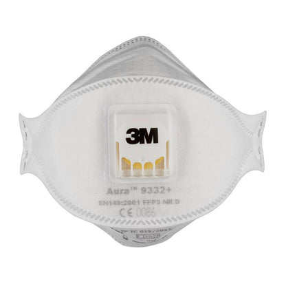 Le masque respiratoire à particules 3M™ Aura™ Comfort Cool Flow™ 9332+ FFP3 de 3M Deutschland GmbH est illustré de face, avec une valve centrale et des informations de modèle et de certification imprimées.