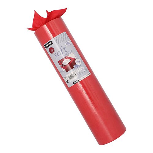 Un rouleau de chemin de table Starpak, non-tissé semblable à du tissu « soft selection » (24 m x 40 cm), est debout. L'étiquette montre des informations sur le produit et des cadeaux emballés, tandis que le chemin doux est partiellement déroulé en haut.