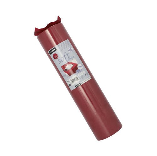 Un chemin de table Starpak enroulé, non-tissé semblable à du tissu « Soft Selection » (24 m x 40 cm), montre au centre une étiquette avec le branding Starpak et les détails du produit.