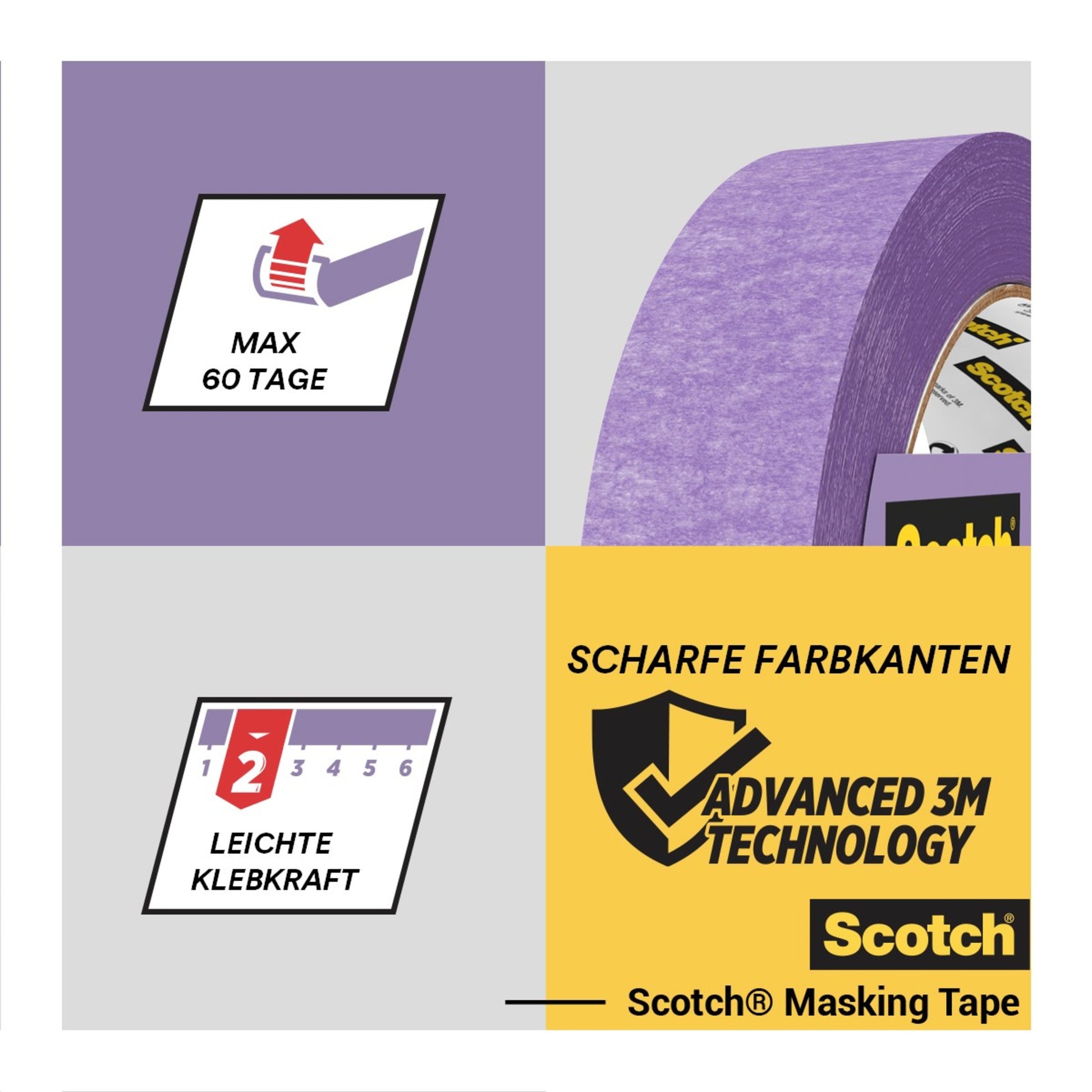 Abgebildet ist eine Rolle Scotch® Malerabdeckband für empfindliche Oberflächen (24 mm x 41 m) der 3M Deutschland GmbH mit den Symbolen für 60-Tage-Verwendung, geringe Haftung, scharfe Farblinien, Advanced 3M Technology und zweisprachigem Deutsch/Englisch-Branding.