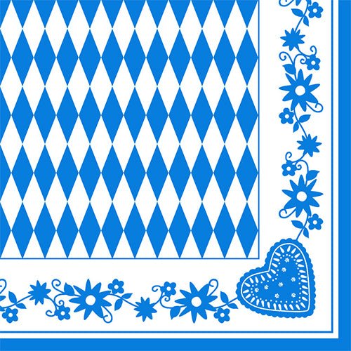 La PAPSTAR Les serviettes pliées en quatre, 40 x 40 cm, « Bayrisch Blau » (3 épaisseurs) présentent un motif à losanges bleus et blancs, bordé de fleurs bleues et orné d'un motif en forme de cœur. Disponibles en paquet de 50 chez PAPSTAR SARL.