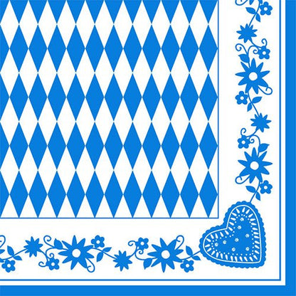 La PAPSTAR Les serviettes pliées en quatre, 40 x 40 cm, « Bayrisch Blau » (3 épaisseurs) présentent un motif à losanges bleus et blancs, bordé de fleurs bleues et orné d'un motif en forme de cœur. Disponibles en paquet de 50 chez PAPSTAR SARL.
