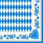 La PAPSTAR Les serviettes pliées en quatre, 40 x 40 cm, « Bayrisch Blau » (3 épaisseurs) présentent un motif à losanges bleus et blancs, bordé de fleurs bleues et orné d'un motif en forme de cœur. Disponibles en paquet de 50 chez PAPSTAR SARL.