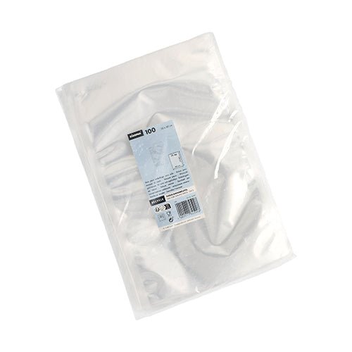 Sacs Starpak 100 à bord scellé, PA/PE transparent (40 x 30 cm) dans un emballage plastique transparent, scellé avec une étiquette Starpak bleu-blanc indiquant la marque, la quantité et le code-barres.