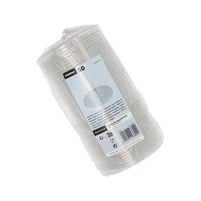 Un emballage en plastique scellé contenant 50 couvercles jetables Starpak 50 « Hurricane » en PET, de forme ronde et transparents, accompagnés d'une étiquette d'information blanche, d'un mode d'emploi, des symboles de recyclage et d'un code-barres – idéal pour vos déplacements.