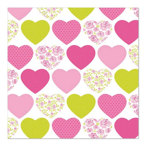 Un joli motif en rangée de cœurs roses et jaunes - parfois unis, parfois avec des points ou des fleurs - orne le PAPSTAR GmbH 20 serviettes, 33 cm x 33 cm, 3 plis, design 1/4 pli Set 1 sur fond blanc.