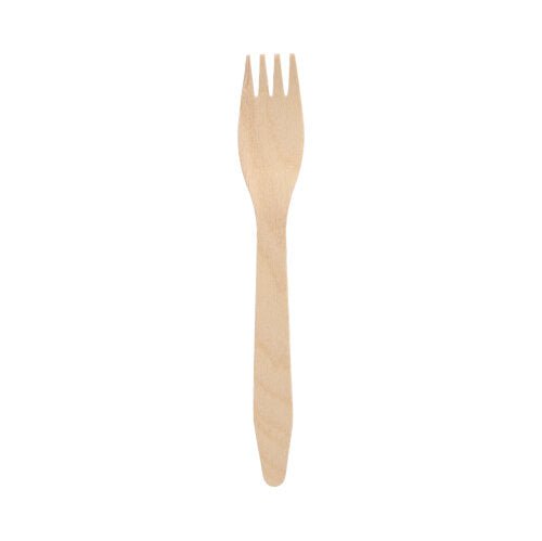 Une PAPSTAR fourchette en bois FSC® "pure", écologique (16,5 cm), de PAPSTAR GmbH, est placée au centre sur un fond blanc.