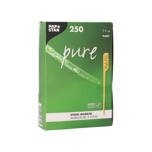 Le PAPSTAR 250 marqueur de steak de 9 cm de la PAPSTAR GmbH est livré dans une boîte vert-blanc. L'emballage contient un marqueur jaune « RARE » ainsi que des graphiques de feuilles et de gouttes d'eau, conçus pour les cuisines de restaurant professionnelles.