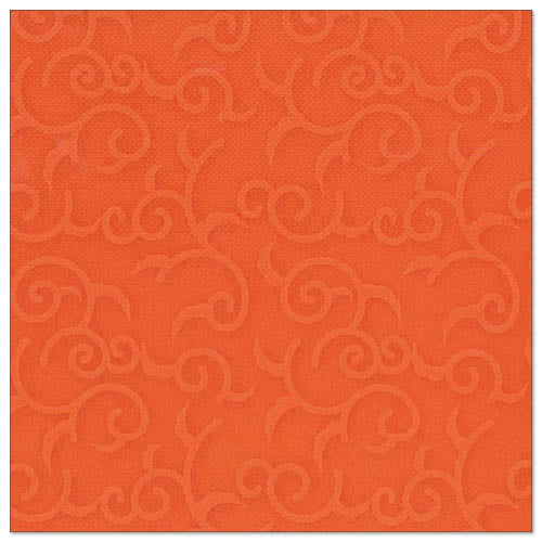 Une serviette carrée de couleur orange nectarine avec un motif tourbillonnant subtil en relief, inspirée du style des serviettes ROYAL Collection de la PAPSTAR GmbH. Produit : PAPSTAR 50 serviettes "ROYAL Collection" 1/4 pli 40 x 40 cm nectarine.
