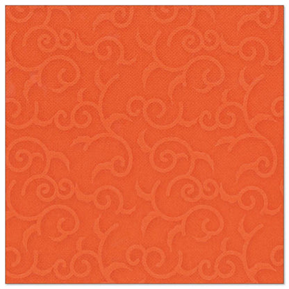 Une serviette carrée de couleur orange nectarine avec un motif tourbillonnant subtil en relief, inspirée du style des serviettes ROYAL Collection de la PAPSTAR GmbH. Produit : PAPSTAR 50 serviettes "ROYAL Collection" 1/4 pli 40 x 40 cm nectarine.