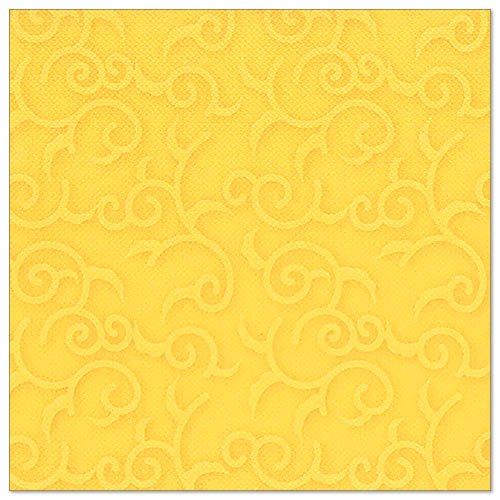 La serviette jaune PAPSTAR 50 serviettes "ROYAL Collection" 1/4 pli 40 x 40 cm de PAPSTAR GmbH est entièrement recouverte d'un motif en relief de volutes.