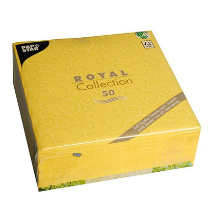 Un paquet scellé PAPSTAR 50 serviettes "ROYAL Collection" 1/4 pli 40 x 40 cm en jaune de la PAPSTAR GmbH, avec le logo Papstar en haut à gauche et un symbole de certification vert en haut à droite.