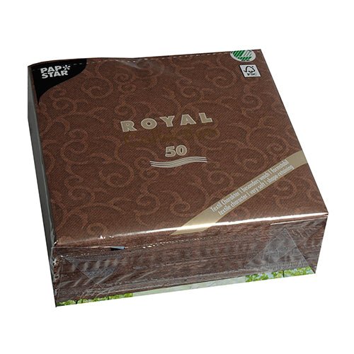 Un paquet scellé de 50 PAPSTAR "ROYAL Collection" 1/4-pli serviettes au format 40 x 40 cm avec un motif de volutes ; sur le devant est écrit "ROYAL" et dans le coin supérieur gauche se trouve la marque PAPSTAR GmbH.