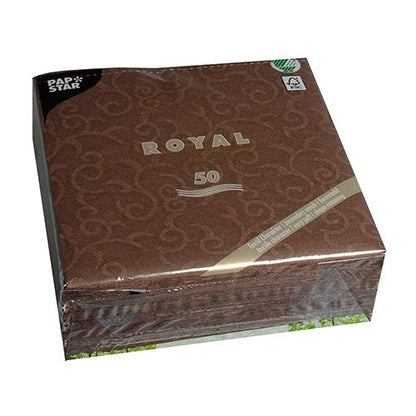 Un paquet scellé de 50 PAPSTAR "ROYAL Collection" 1/4-pli serviettes au format 40 x 40 cm avec un motif de volutes ; sur le devant est écrit "ROYAL" et dans le coin supérieur gauche se trouve la marque PAPSTAR GmbH.