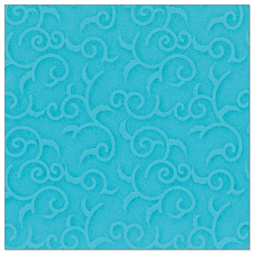 Les serviettes PAPSTAR GmbH 50 "ROYAL Collection" 1/4 pli 40 x 40 cm turquoise sont des serviettes carrées turquoise avec un motif en relief de spirales et de volutes qui recouvre uniformément la surface.