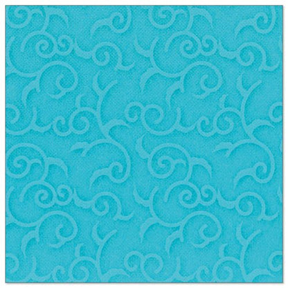 Les serviettes PAPSTAR GmbH 50 "ROYAL Collection" 1/4 pli 40 x 40 cm turquoise sont des serviettes carrées turquoise avec un motif en relief de spirales et de volutes qui recouvre uniformément la surface.
