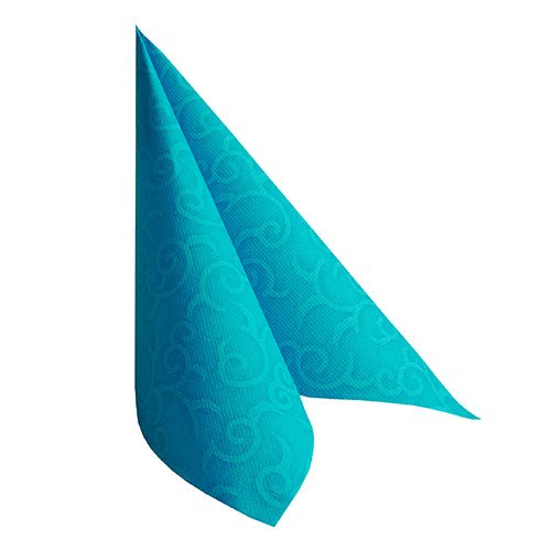 Une serviette turquoise PAPSTAR 50 "ROYAL Collection" 1/4 pli (40 x 40 cm) de PAPSTAR GmbH est pliée en un triangle debout sur fond blanc.