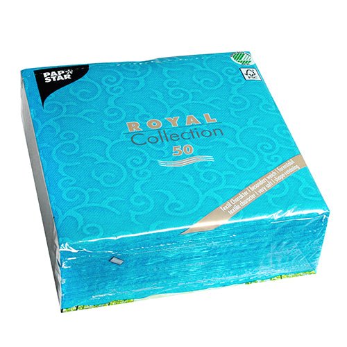 Paquet de 50 serviettes turquoise PAPSTAR "ROYAL Collection" (40 x 40 cm, 1/4 pli) de PAPSTAR GmbH, avec un motif de spirale discret et un emballage écologique certifié FSC.