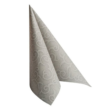 La serviette "ROYAL Collection" de PAPSTAR GmbH 50 serviettes (40x40 cm, gris, 1/4-pli) se tient debout devant un fond blanc et se distingue par sa teinte gris clair élégante et son motif discret.