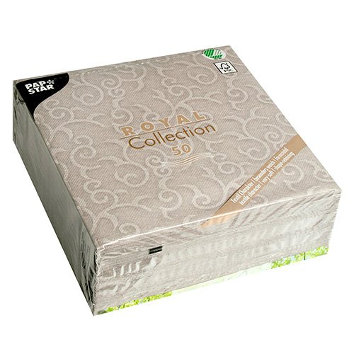 Un paquet scellé de 50 serviettes grises PAPSTAR "ROYAL Collection" (40x40 cm, 1/4 pliage) de PAPSTAR GmbH - idéal pour une table élégamment dressée.