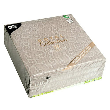 Un paquet scellé de 50 serviettes grises PAPSTAR "ROYAL Collection" (40x40 cm, 1/4 pliage) de PAPSTAR GmbH - idéal pour une table élégamment dressée.