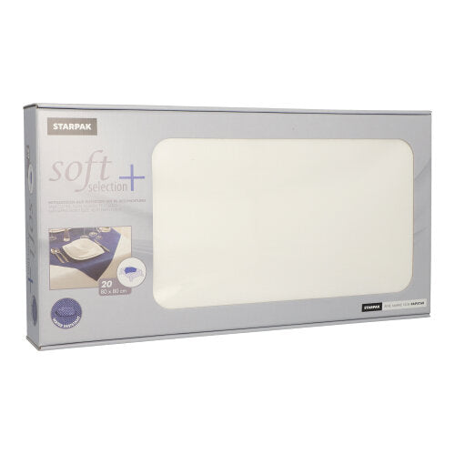 Une boîte rectangulaire avec 20 napperons-serviettes en non-tissé semblable à du tissu « soft selection plus » de Starpak au format 80 x 80 cm dispose d'une fenêtre découpée, à travers laquelle les serviettes blanches et les détails du produit imprimés sur l'emballage Starpak sont visibles.