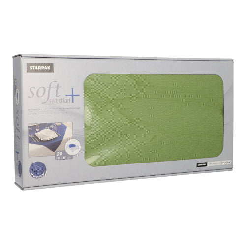 Une boîte rectangulaire avec 20 napperons de Starpak, en non-tissé semblable à du tissu « soft selection plus » (80 x 80 cm), contient des serviettes vertes visibles à travers une fenêtre transparente à l'avant de l'emballage.