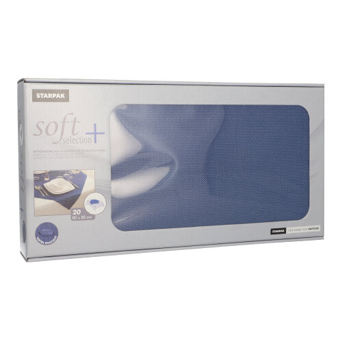 Une boîte rectangulaire avec 20 nappes Starpak, semblables à du tissu, non-tissé « soft selection plus » (80x80 cm) avec une grande fenêtre transparente à travers laquelle des serviettes bleues sont visibles. Les détails du produit et la quantité (20 pièces) sont indiqués sur la boîte.