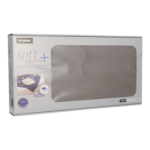Une boîte rectangulaire avec 20 napperons semblables à du tissu en non-tissé « Soft Selection Plus » de Starpak (80 x 80 cm) dispose d'une fenêtre transparente, à travers laquelle les serviettes douces à l'intérieur sont visibles. L'emballage principalement gris met en valeur le logo Soft Selection Plus et les détails.