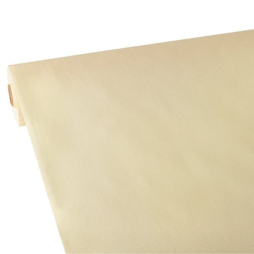 Une nappe Starpak partiellement déroulée, semblable à du tissu, non-tissé "soft selection plus" de Starpak en beige clair est posée à plat et montre sa texture douce et lisse. La nappe durable est simple et sans motifs ou marques visibles.