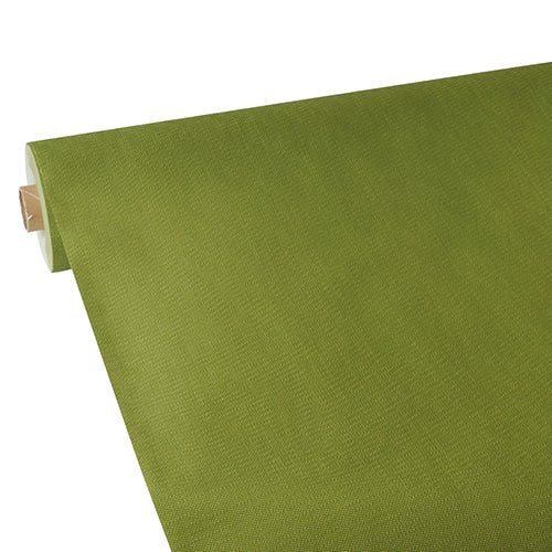 Un rouleau de nappe verte Starpak, semblable à du tissu, non-tissé "soft selection plus" est déroulé sur une surface plane, avec le noyau en carton partiellement visible. Le tissu Starpak apparaît lisse avec une légère texture.
