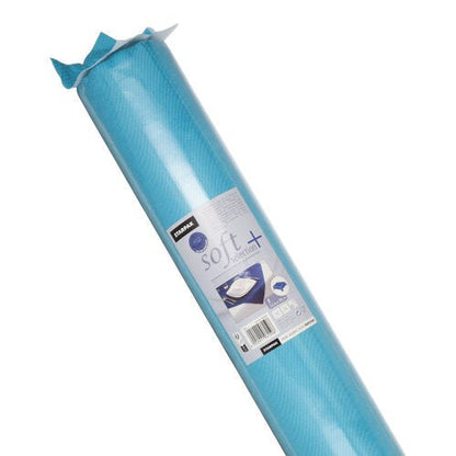 Un rouleau de nappe bleue Starpak, semblable à du tissu, Vlies "soft selection plus", dans un emballage en plastique avec une étiquette contenant des informations sur le produit et des illustrations de matelas, indiquant une qualité durable, semblable à du tissu.