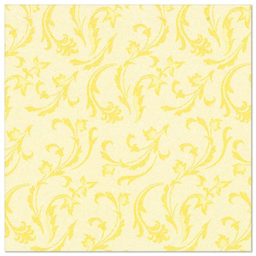 Les serviettes "ROYAL Collection" PAPSTAR GmbH 50 (40 x 40 cm, jaune, 1/4 pli) présentent un motif floral et de volutes jaune sur fond jaune clair - idéal pour une table élégamment dressée.