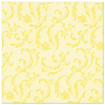 Les serviettes "ROYAL Collection" PAPSTAR GmbH 50 (40 x 40 cm, jaune, 1/4 pli) présentent un motif floral et de volutes jaune sur fond jaune clair - idéal pour une table élégamment dressée.