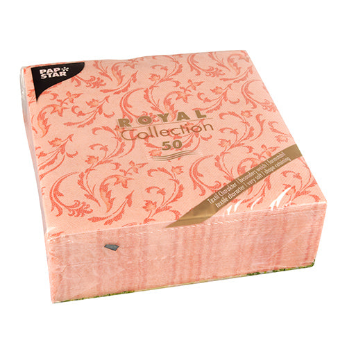 Un paquet de 50 serviettes "ROYAL Collection" de la PAPSTAR GmbH (40x40 cm, 1/4 pliées) en nectarine avec motif floral, emballé en plastique. L'étiquette affiche "ROYAL Collection 50" et le logo des serviettes PAPSTAR dans le coin supérieur gauche.