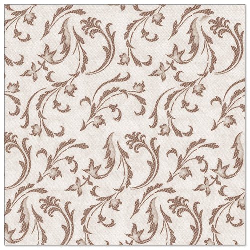 Les PAPSTAR 50 serviettes "ROYAL Collection" 1/4-pli 40 x 40 cm marron de PAPSTAR GmbH présentent un motif floral et feuillu marron avec des volutes et de petites fleurs uniformément réparties sur la surface.