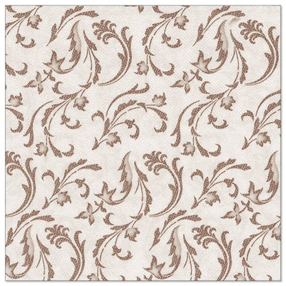 Les PAPSTAR 50 serviettes "ROYAL Collection" 1/4-pli 40 x 40 cm marron de PAPSTAR GmbH présentent un motif floral et feuillu marron avec des volutes et de petites fleurs uniformément réparties sur la surface.