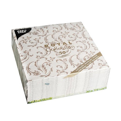 Un paquet carré de 50 serviettes en papier marron "ROYAL Collection" 1/4-pli 40x40 cm de PAPSTAR GmbH, dans un emballage beige orné avec du texte et une bannière dorée avec des informations sur le produit.