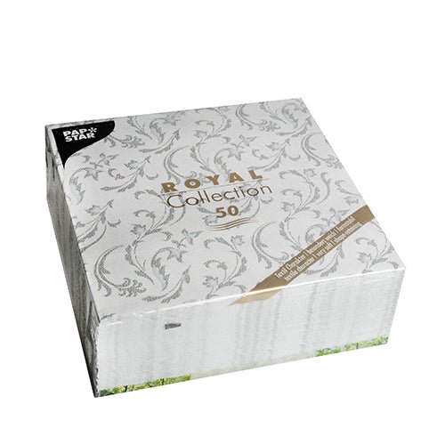 Une boîte carrée de PAPSTAR 50 serviettes "ROYAL Collection" 40 x 40 cm gris de PAPSTAR GmbH avec 50 serviettes au design gris sur fond blanc.
