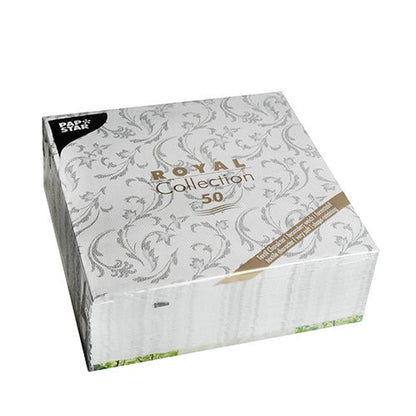 Une boîte carrée de PAPSTAR 50 serviettes "ROYAL Collection" 40 x 40 cm gris de PAPSTAR GmbH avec 50 serviettes au design gris sur fond blanc.