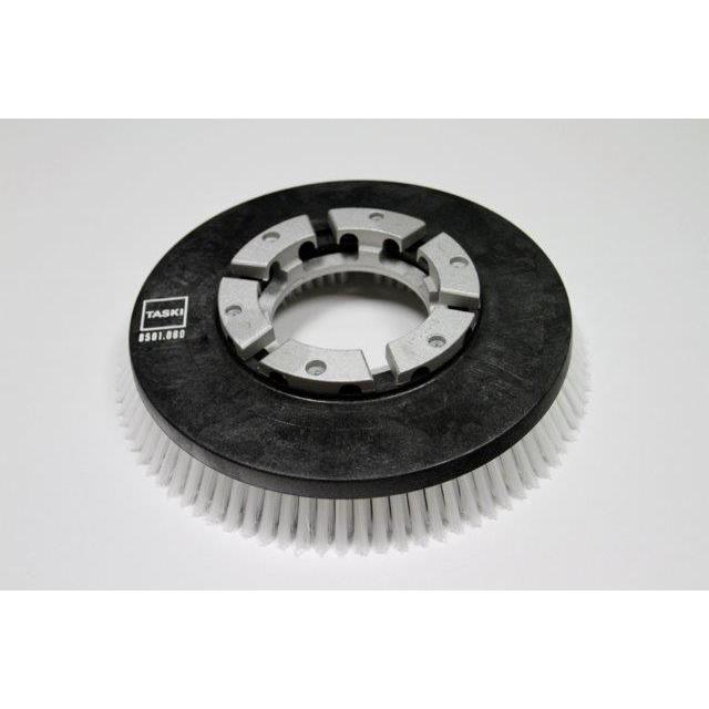 La brosse à récurer en nylon (35 cm) de Diversey Deutschland GmbH & Co. OHG est une brosse à récurer standard ronde avec des poils blancs pour swingo 2500, étiquetée "TASKI 8501.080", conçue pour les sols durs. Une pièce par paquet, illustrée sur un fond uni blanc.