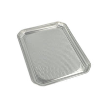 Die Starpak 5 Servierplatten, Alu eckig 35 cm x 26 cm, sind rechteckige Aluminium-Tabletts mit leicht erhöhtem Rand und strukturierter Unterseite, ideal für die Gastronomie, hygienisch in Schrumpffolie verpackt.